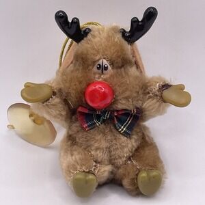 Vintage Reindeer Christmas Ornament Cute Deer Rudolph 80s 90s Russ Berrie Fuzzy